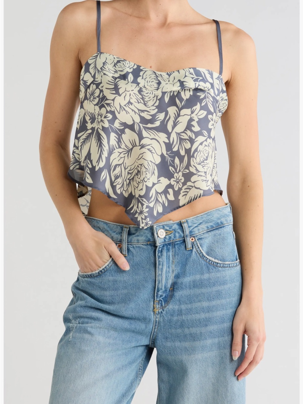 Free People Floral Handkerchief Cami - Slate Blue & Cream